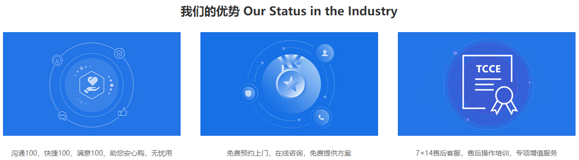 我们的优势 Our Status in the Industry，沟通100、快捷100、满意100、助您安心购，无忧用，免费预约上门，在线咨询，免费提供方案，7×14售后客服，售后操作培训，专项增值服务